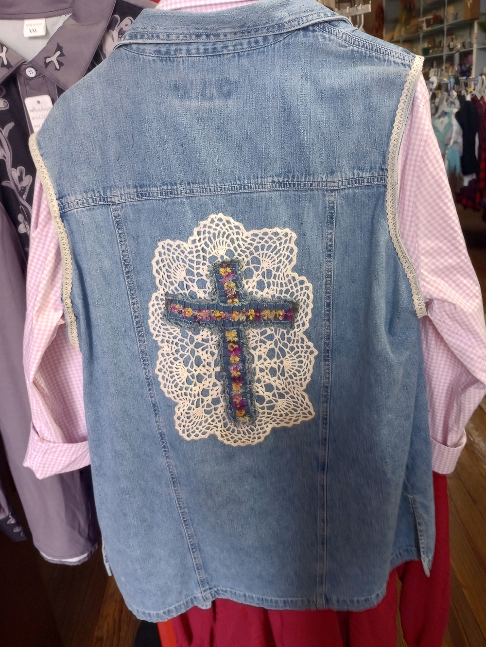 Women’s Light Blue Denim Vest with Lace Cross Detail